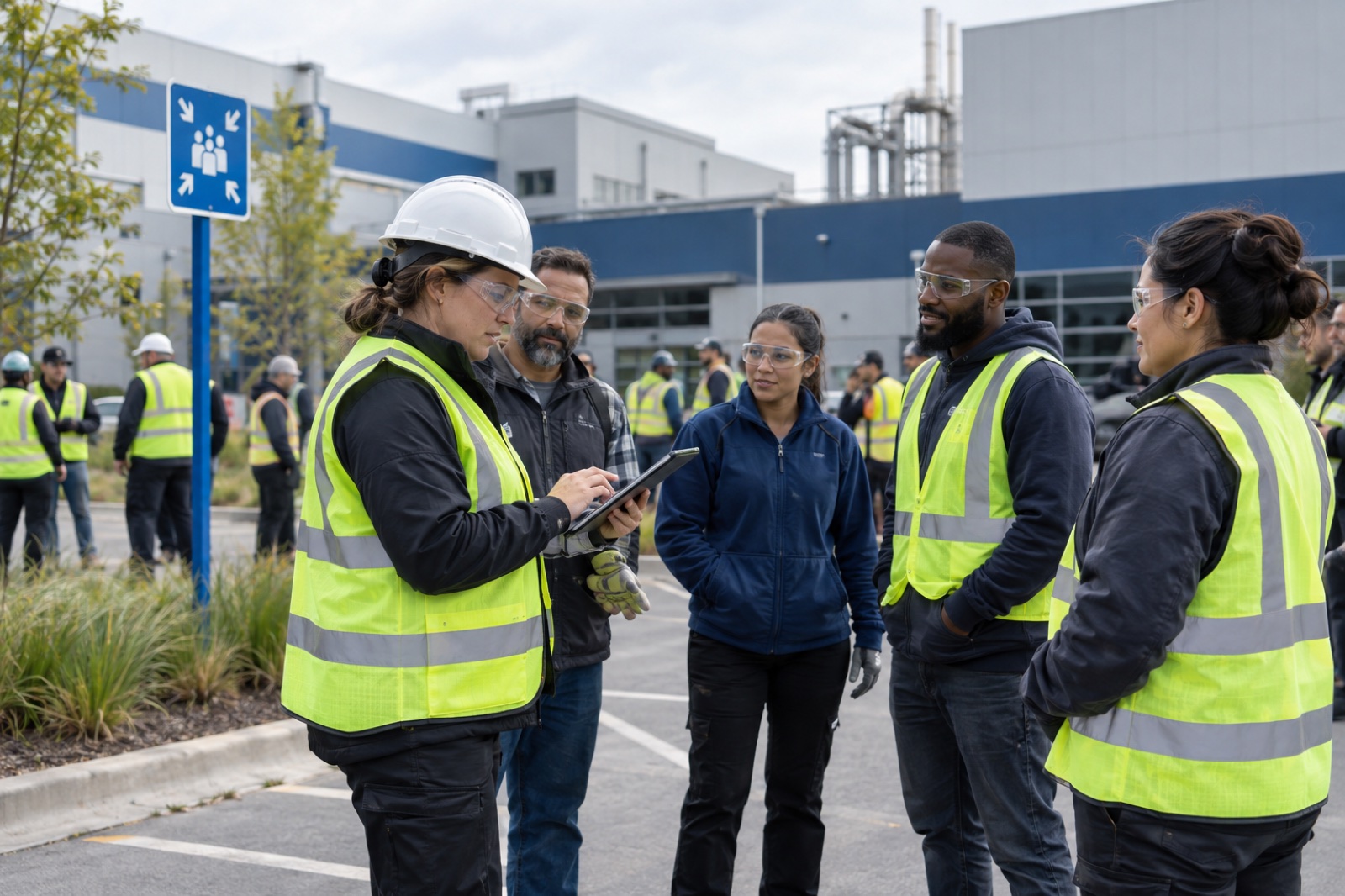 Employees gathered at an outdoor assembly point during a drill