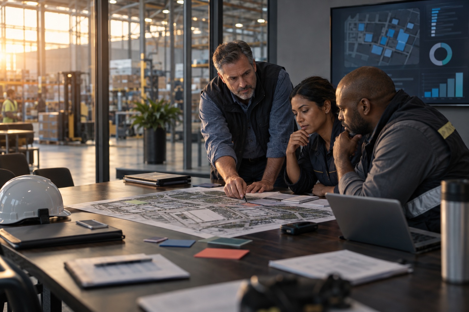 Three safety and operations leaders reviewing a site plan at a table