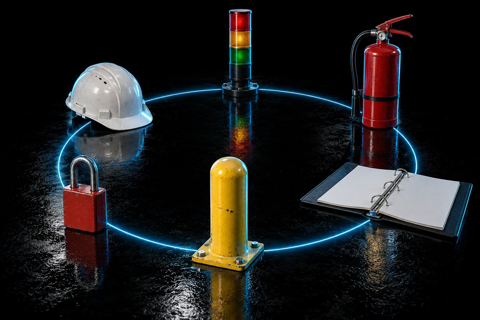Six real objects arranged in an evenly spaced circle on the black floor, like numbers on a clock face: an open three-ring binder, a yellow steel safety bollard, a red lockout padlock, a white hard hat, a red fire extinguisher, and