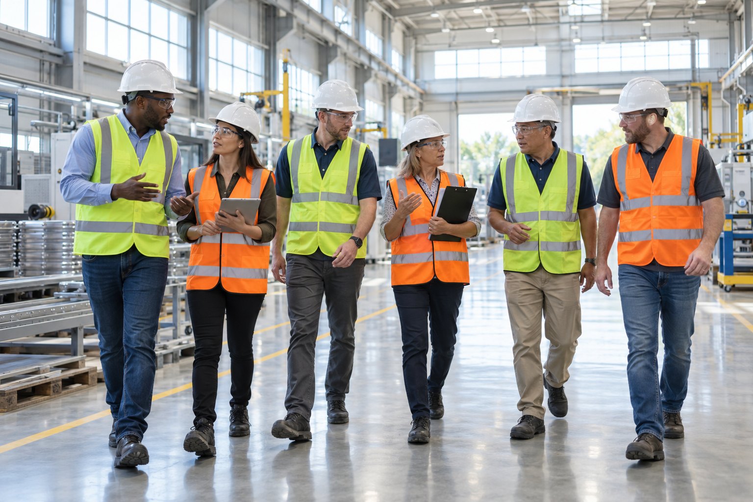 A whole safety team of six people walking together down the main aisle of a bright, spotless manufacturing plant toward the camera's left, mid-stride and relaxed, talking with each other