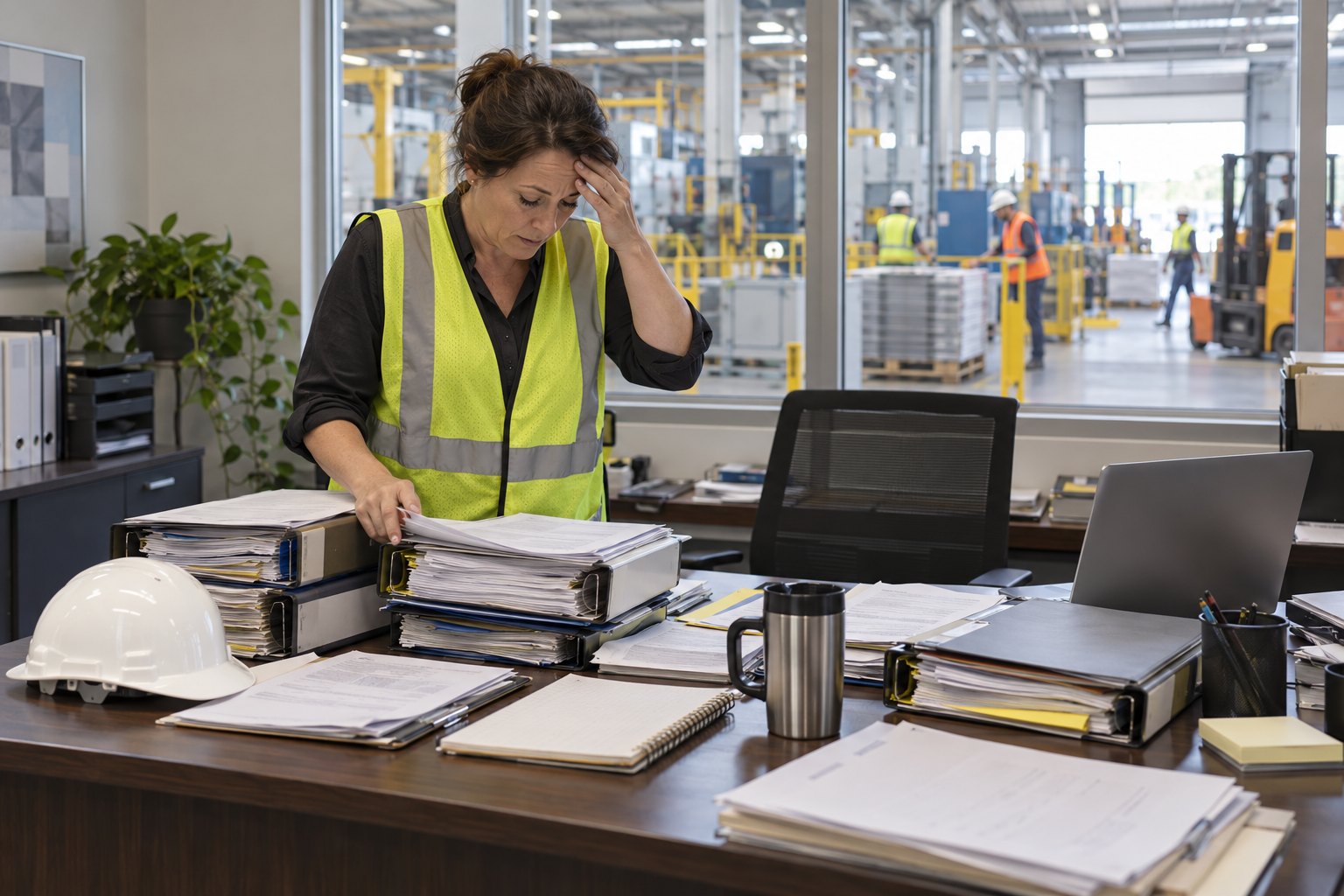 A safety manager's desk in a small office beside a plant floor, seen from standing height