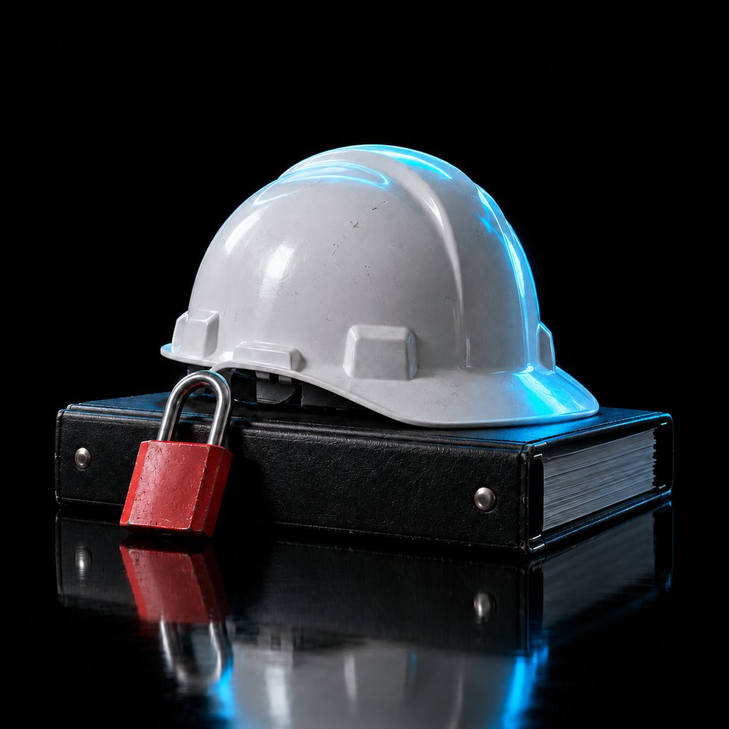 A white hard hat resting on top of a closed black three-ring binder, with a red lockout padlock leaning against the binder's spine